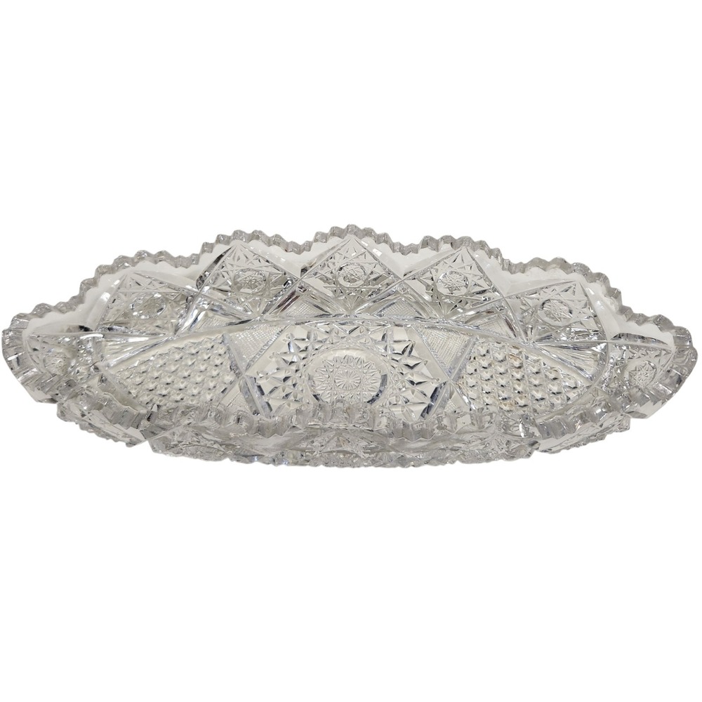 Cut Crystal Oval Serving Dish Scalloped Edge Starburst Pattern 12 Inch